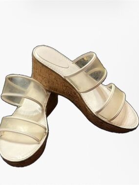 Women’s DKNY Ivory Clear Double Strap Cork Wedge Slides Comfortable Size 8.5.